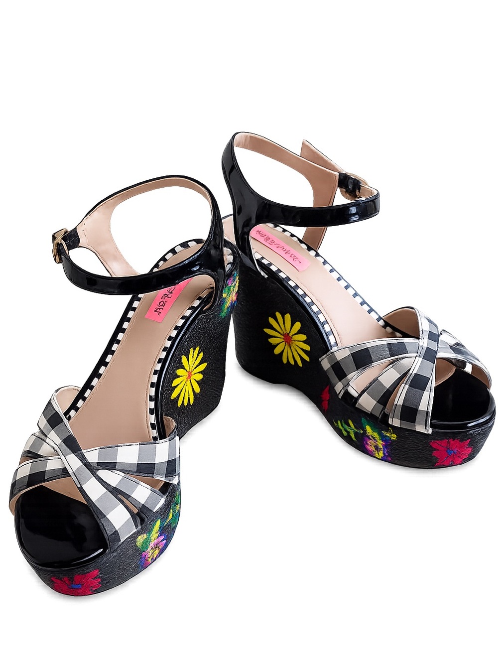 Betsey Johnson Spenser Floral Embroidered Gingham Platform Wedge Sandals Size 9 - Picture 3 of 12